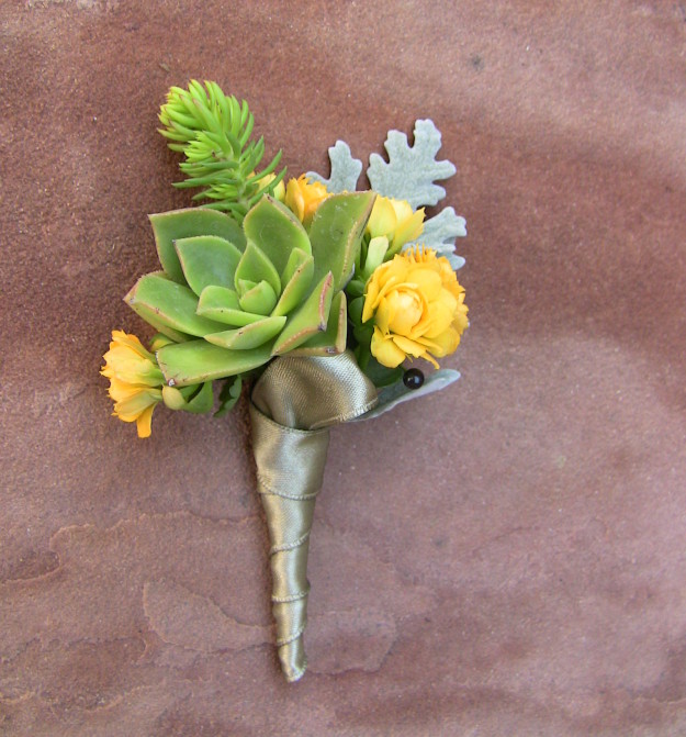 Green gray and yellow Succulent boutonniere with dusty miller leaf