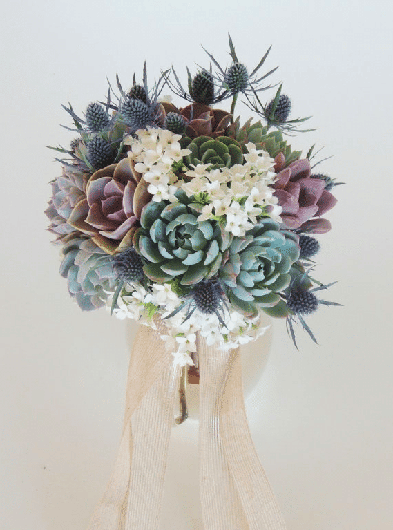 succulent-bouquet with thistle and purple