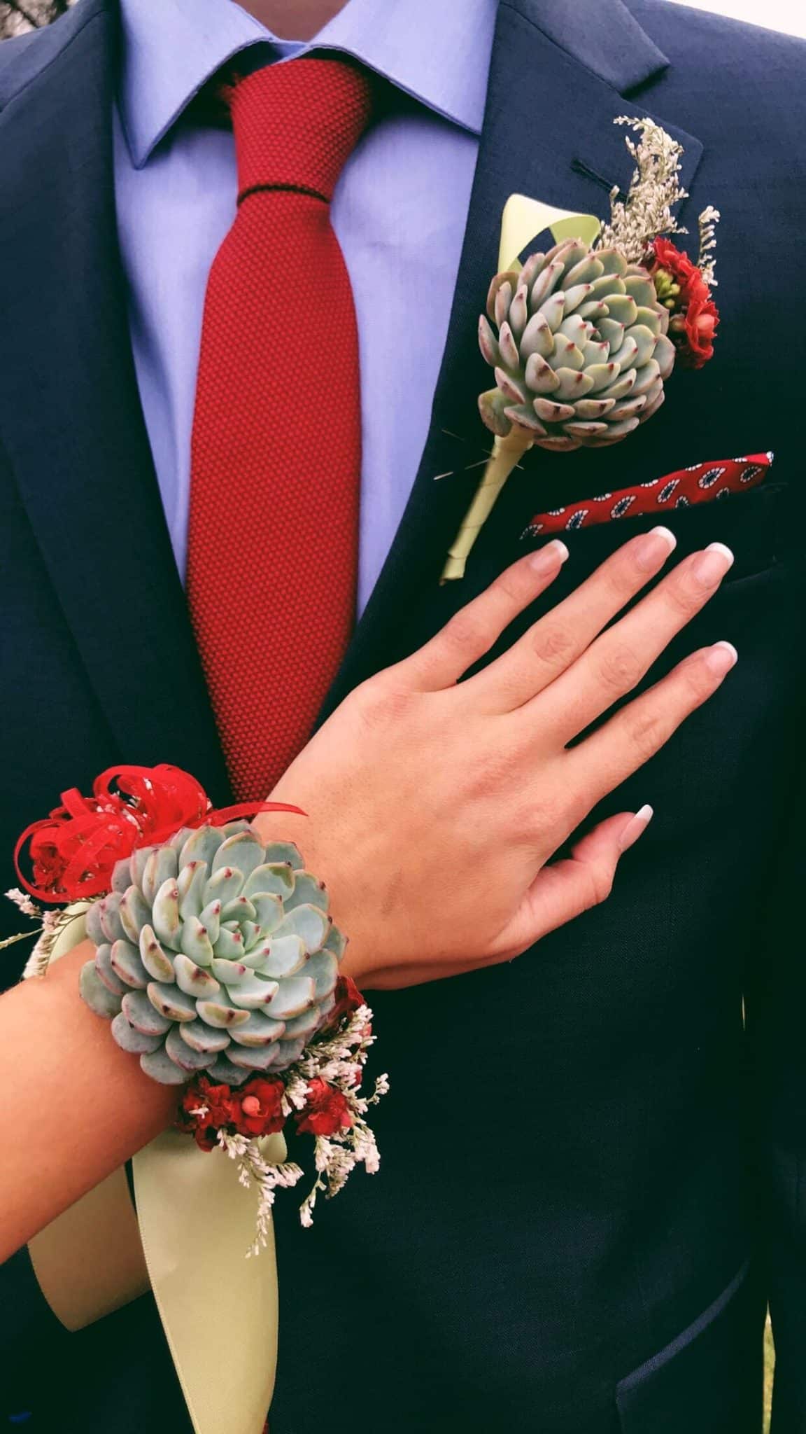 RED ROSE & SUCCULENT CORSAGE WRISTLET by Everblooming Floral & Gift